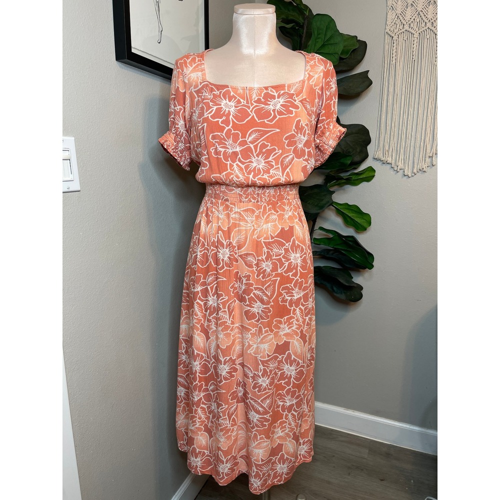 Roxy Palmy Breeze Midi Dress Floral Crinkle Viscose Backless Smocked Waist